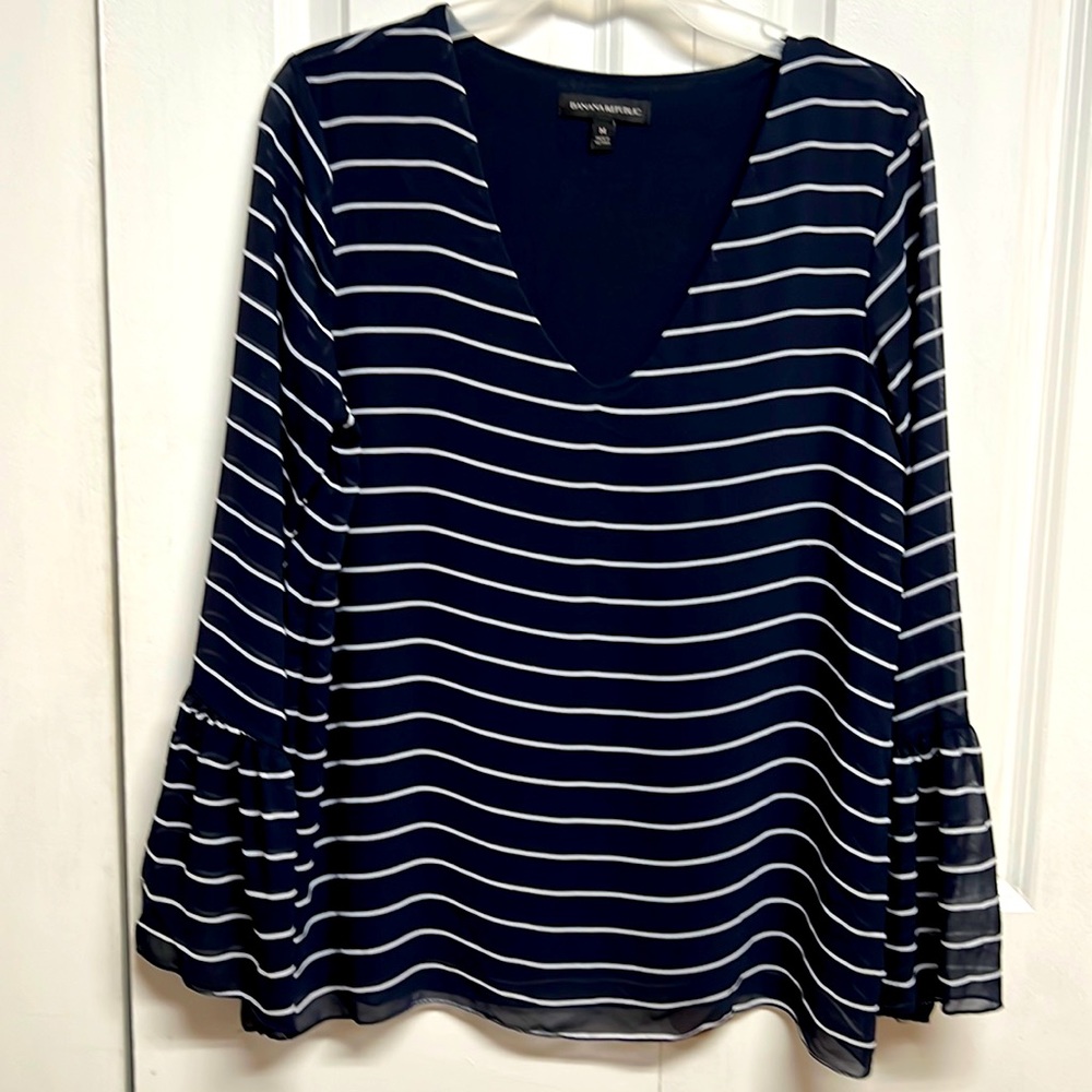 Banana Republic Navy Blue Gray Stripe Long Bell Sleeve Lined Sheer Top Size M